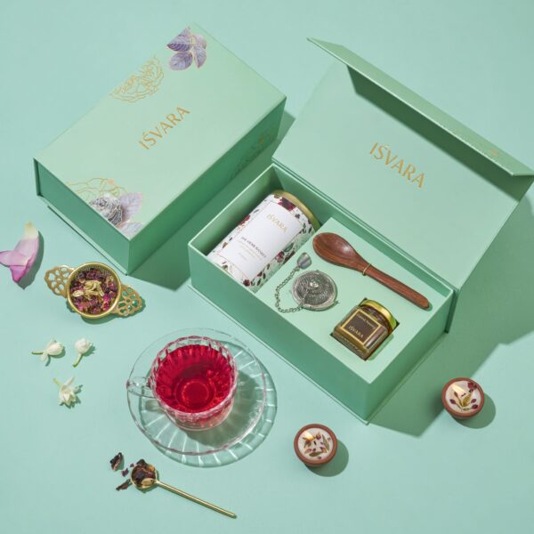 ISVARA Tea Gifts - T?te-?-Tea Gift Set, The Herb Basket Tea Box, Amethyst gem Tea Filter, Forest Honey and Sheesham Wood Spoon - Fast Shipping to USA & Canada