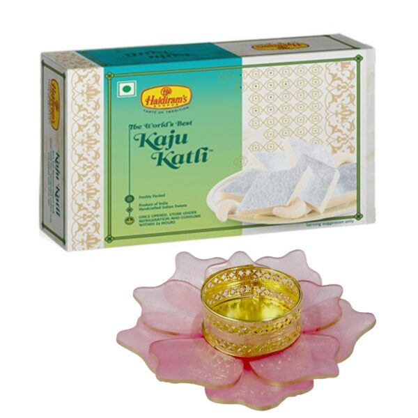 Haldiram's Nagpur Kaju Katli (500g) with Lotus Medium Diya + Free Diwali Greeting - Fast Shipping to USA & Canada