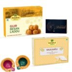 Dhampurgreen Gur Besan Laddu Diwali Sweets Gift Hamper,1 Diya & Greeting Card - Indian Sweets | Mithai | Gift, 900grams - Fast Shipping to USA & Canada