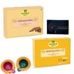 Dhampurgreen Gur Kaju Katli & Kesar Kaju Katli Diwali Sweets Gift Hamper,1 Diya & Greeting Card - Indian Sweets | Mithai | Gift, 800grams - Fast Shipping to USA & Canada