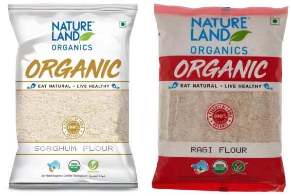 Natureland Organics Sorghum/Jowar Flour 500 Gm - Organic Flours & Ragi Flour 500 Gm - Organic Flour - Fast Shipping to USA & Canada