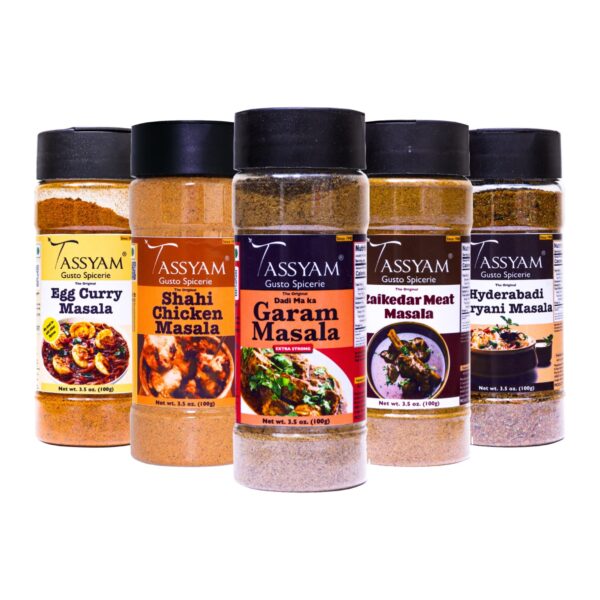 Tassyam Indian Meats Spice Combo 500 grams Dispensers | Since 1940 | Shahi Chicken, Red Meat, Garam Masala, Biryani, Instant Egg Curry | Incredible Value