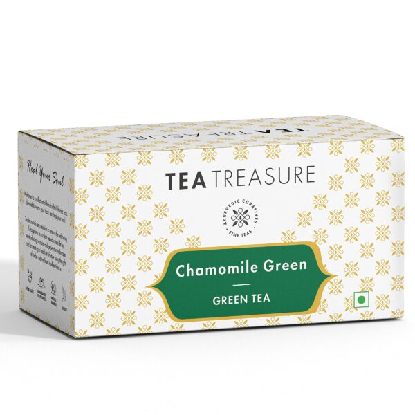 Tea Treasure Chamomile Green Tea Bags | Chamomile Green Tea Reduces Insomnia | Lowers Cholesterol | Stress Relief | Good Sleep (18 Pyramid Tea Bags) - Fast Shipping to USA & Canada