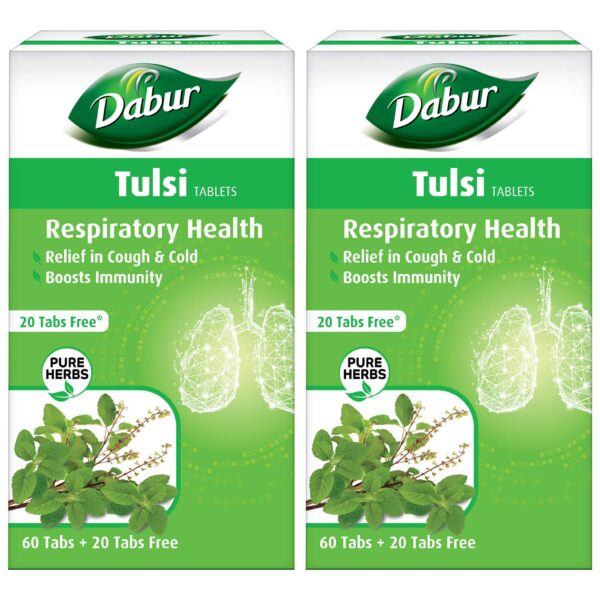 DABUR Tulsi Tablets - Respiratory Health | Boosts Immunity | Provides Relief in Cough & Cold - 60 + 20 Tablets Free (Pack of 2) - Fast Shipping to USA
