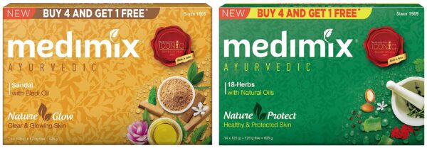 Medimix Ayurvedic Sandal Bathing Bar, 125 g (4 + 1 Offer Pack) And Classic 18 Herbs Soap, 125 g (4 + 1 Offer Pack)