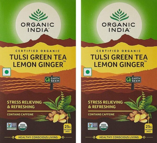 ORGANIC INDIA Tulsi Lemon Ginger Tea Bag 25 Tea Bags (Pack Of 2) - Earl Grey, 0.21 Kg - Fast Shipping to USA & Canada