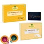 Dhampurgreen Kesar Kaju Katli & Kaju Katli Diwali Sweets Gift Hamper,1 Diya & Greeting Card - Indian Sweets | Mithai | Gift, 800grams - Fast Shipping to USA & Canada