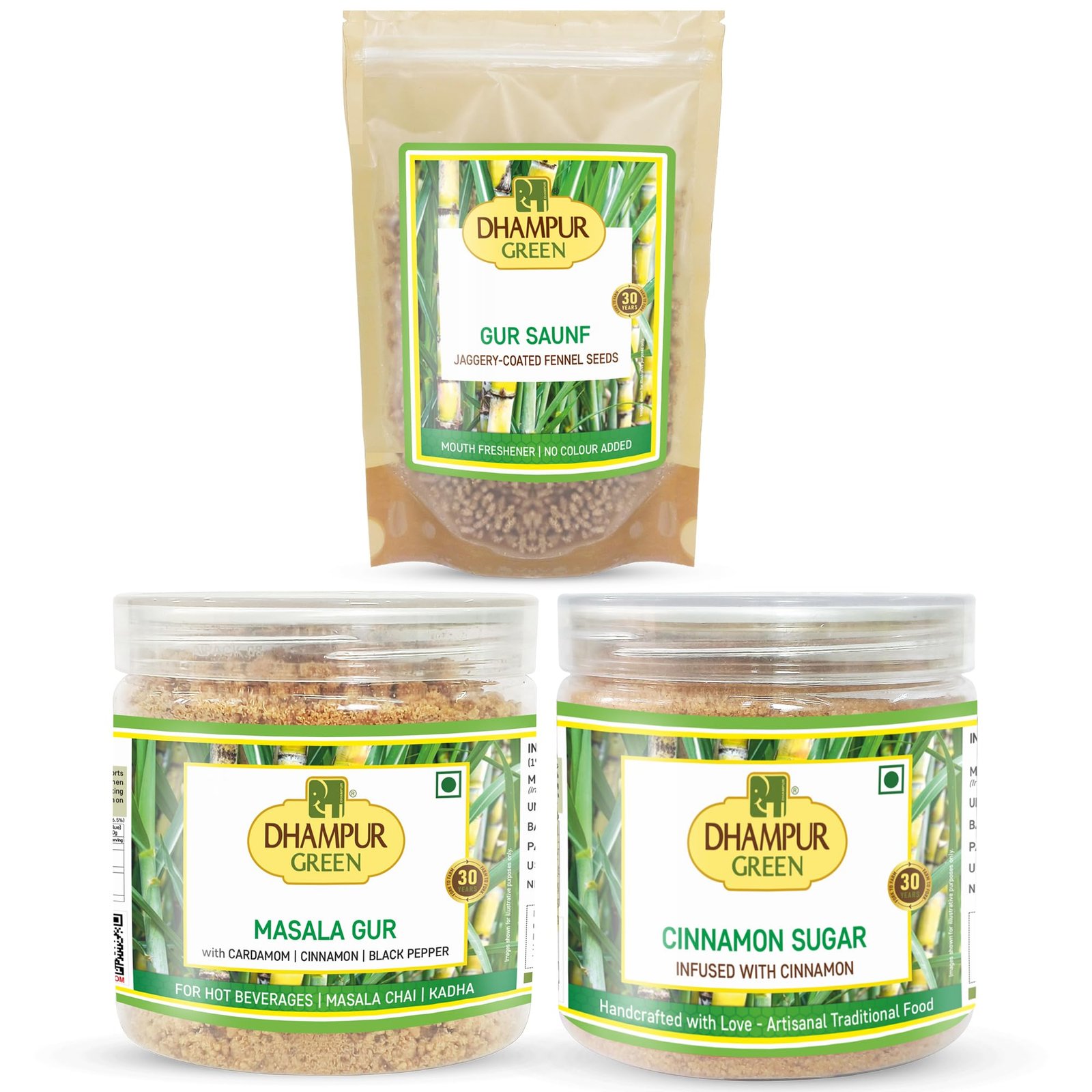 Version 1.0.0 Dhampurgreen Spiced Jaggery Snacks Combos for Tea Gur Masala Powder Chai, 250gGur Saunf, 150gCinnamon Sugar,325g725 - Fast Shipping to USA & Canada - Image 1
