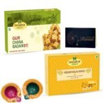 Dhampurgreen Gur Chana Badam Bite(400g) & Kesar Kaju Katli(400g) Diwali Sweets Gift Hamper,1 Diya & Greeting Card - Indian Sweets | Mithai - Fast Shipping to USA & Canada