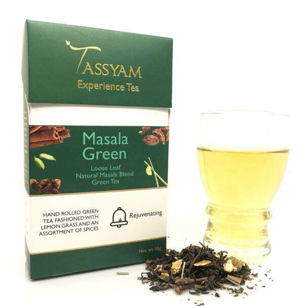 Tassyam Green Tea, Masala Chai, 50 Grams - Luxury Box - Loose Leaf with Whole Spices & Lemon Grass