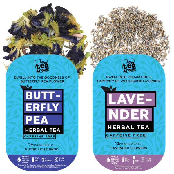 The Tea Trove Organic Butterfly Pea Flower Tea 25g & Pure dried lavender flowers 30g - Combo Pack | Caffeine Free Tea | 55g Herbal Tea - 110 Cups I - Fast Shipping to USA & Canada