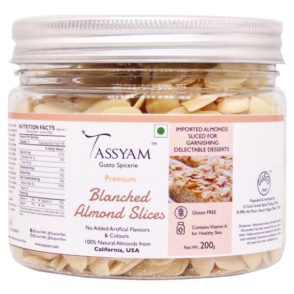 Tassyam Blanched Almond Slices, 200g Premium Jar - Fast Shipping to USA & Canada