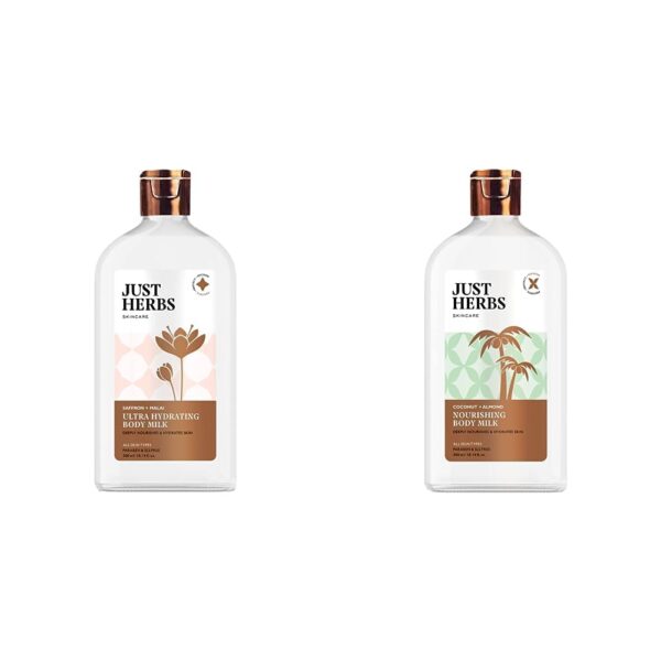 Just Herbs Saffron + Malai Nourishing Body Milk Lotion- 300ml & Just Herbs Body Lotion For Dry Normal & Combination Skin Nourishing Body Milk With Coconut + Almond - 300ml Combo - Fast Shipping to USA & Canada