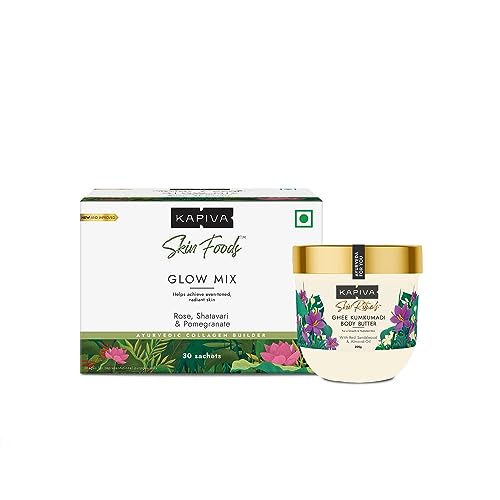 Kapiva Glow Mix Skin Foods Glow Mix Collagen Builder (30 Sachets) + Ghee Kumkumadi Body Butter (200 G) 100 Times Washed Ghee For 24 Hours Moisturization Ayurvedic Powder - Fast Shipping to USA & Canada