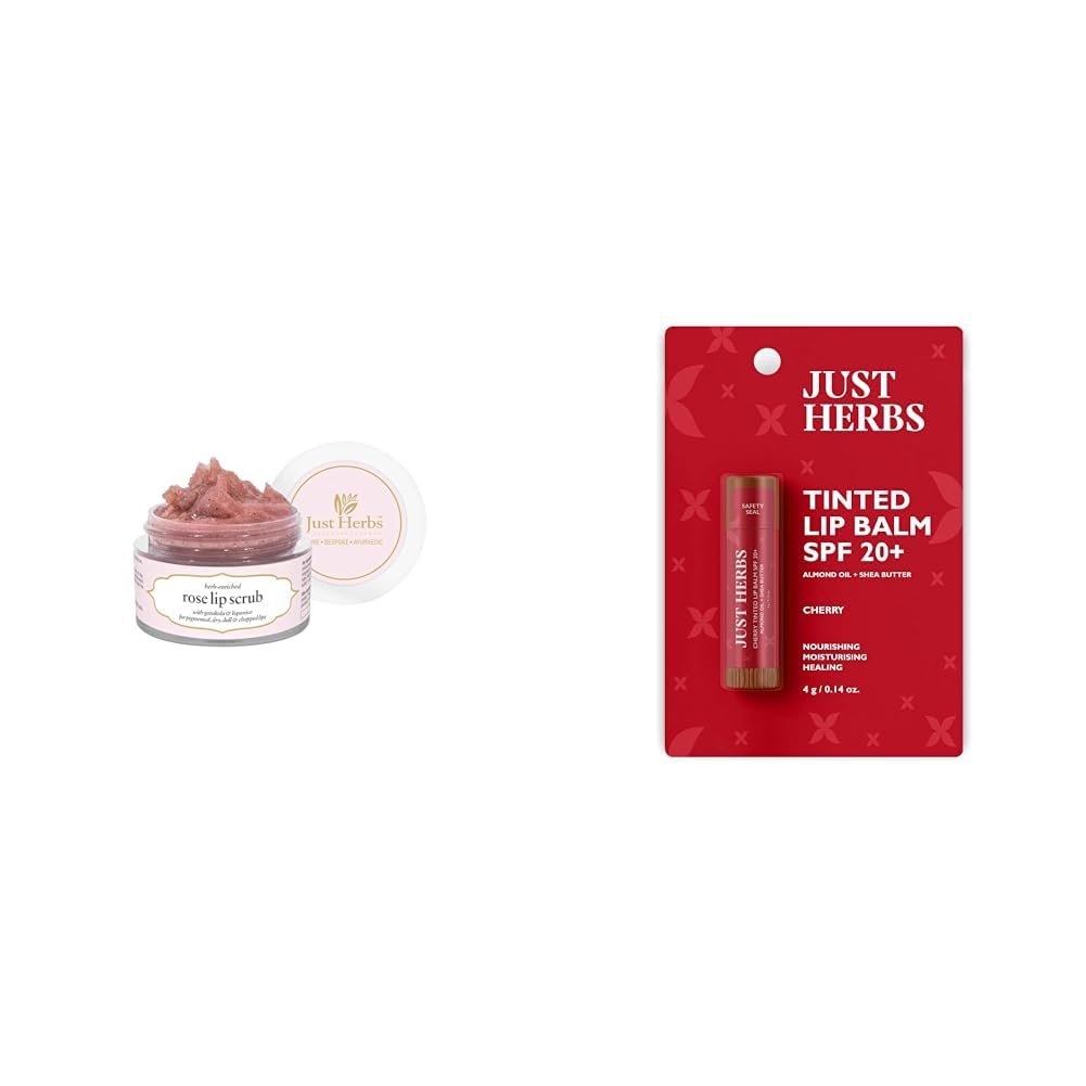 Version 1.0.0 Just Herbs Ayurvedic Rose Lip Scrub For Dry & Just Herbs Tinted Lip Balm for Men and Women with SPF 20+ for Dark Lips to Lighten 4 g (Cherry) Combo - Fast Shipping to USA & Canada - Image 1
