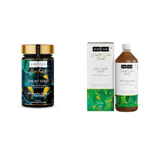 Kapiva Shilajit Gold 60 Capsules Contains 24 Carat Gold Boosts Stamina In 4 Weeks & Kapiva Get Slim Juice - Healthy Weight Management Through 12 Ayurvedic Herbs Aids Metabolism and Digestion - 1L