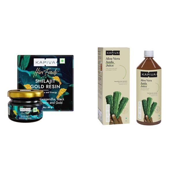 Kapiva Shilajit Gold Resin-20g Helps in boosting Stamina Contains 24 Carat Gold & Kapiva Aloe Vera + Amla Juice Cold-pressed Juice for Glowing Skin Helps with Acne and Metabolism (1L), Bottle - Fast Shipping to USA & Canada