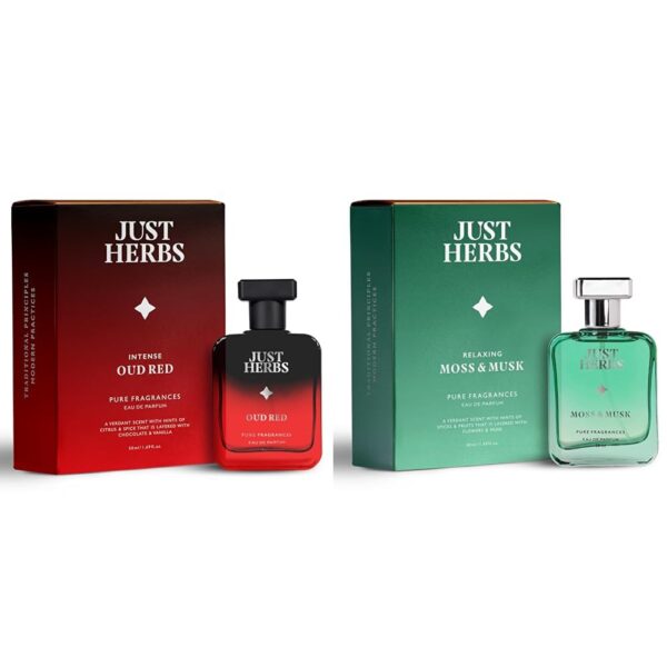 Just Herbs Intense Oud Red EDP Perfume Spray for Men Long Lasting Fragrance - 50 ml & Just Herbs Relaxing Moss & Musk EDP Perfume for Men Long Lasting Fragrance - 50 ml - Fast Shipping to USA & Canada