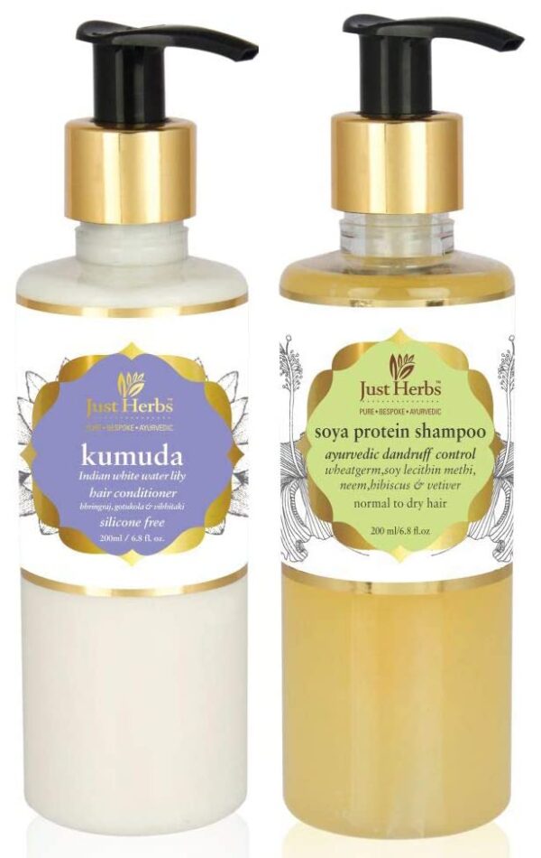 Just Herbs Kumuda Indian White Waterlily Conditioner, 200Ml And Dandruff Control Ayurvedic Soya Protein Shampoo, All, Count 2 - Fast Shipping to USA & Canada