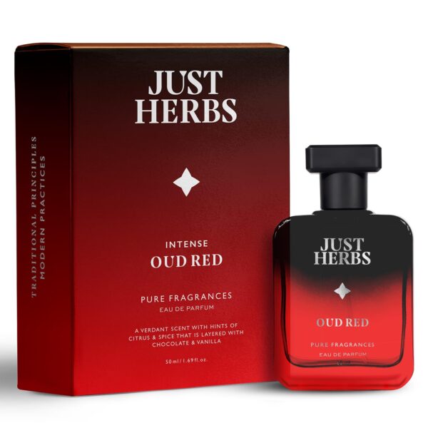 Just Herbs Intense Oud Red EDP Perfume Spray for Men, Long Lasting Up to 8 Hours Pure Fragrance Eau Da Parfum Mens Body Spray - 50 ml - Fast Shipping to USA & Canada