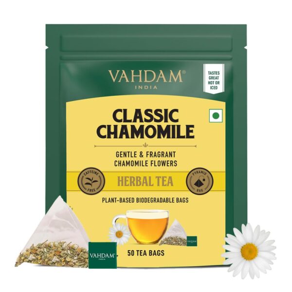 VAHDAM, Chamomile Herbal Tea Bags (50 Count) Caffeine Free, Non-GMO, Gluten-Free | 100% Pure Herbal Tisane - Sweet & Floral | Whole Loose-Leaf Tea Bags | Resealable Ziplock Pouch - Fast Shipping to USA & Canada