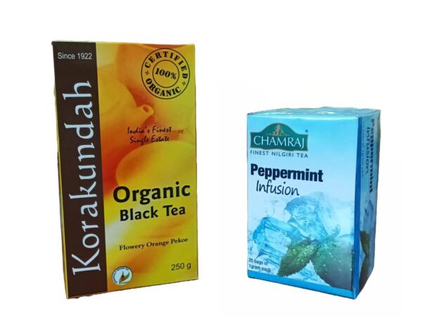 KORAKUNDAH Organic Black Tea 250 g | CHAMRAJ Peppermint Infusion 25 Dip Bags | Pack of 2 | Total 275 g | India's Finest Chamraj Nilgiri Tea - Fast Shipping to USA & Canada