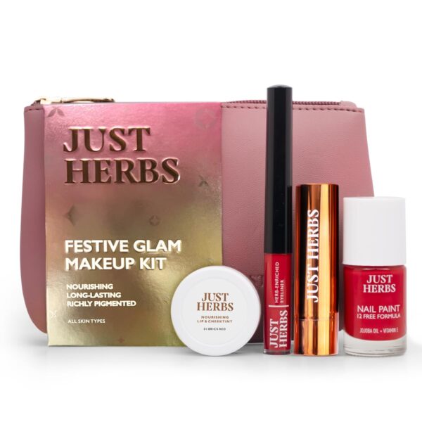 Just Herbs Festive Glam Makeup Essential Makeup Pouch for Women (Lip & Cheek Tint, Ultra Matte Lipstick, Nail Paint, Eyeliner) - Fast Shipping to USA & Canada