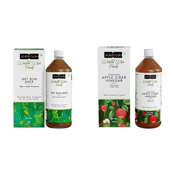 Kapiva Get Slim Juice | Healthy Weight Management Through 12 Ayurvedic Herbs | Aids Metabolism and Digestion (1L) & Kapiva Himalayan Apple Cider Vinegar with Mother Vinegar 500ml COMBO - Fast Shipping to USA & Canada