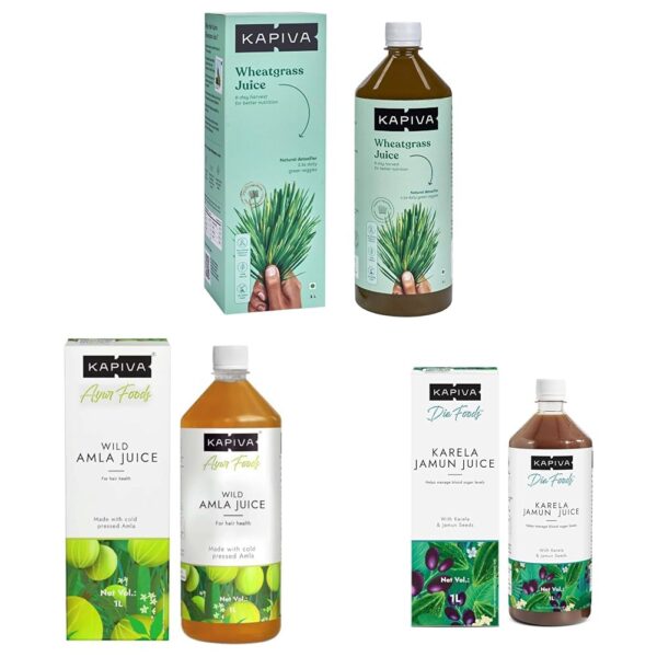 Kapiva Wheatgrass Juice, 1 L & Kapiva Wild Amla Juice 1L & Kapiva Karela Jamun Juice (1L) - Fast Shipping to USA & Canada