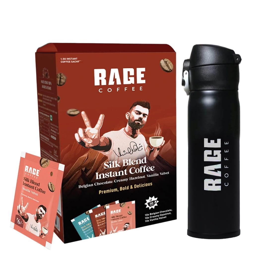 Version 1.0.0 Rage Coffee Silk Blend Assorted Sachets | Pack of 30 | (10 Sachets Each Flavour) + Free Flask - Fast Shipping to USA & Canada - Image 1