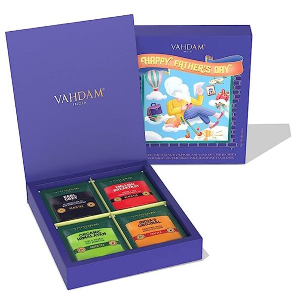 VAHDAM Fathers Day Tea (4 Flavors- 24 Tea Bags) Black Tea, Green Tea, Masala Chai Tea | Variety Sampler Pack Tea Gift Sets | Dad Gifts, 281 Gram