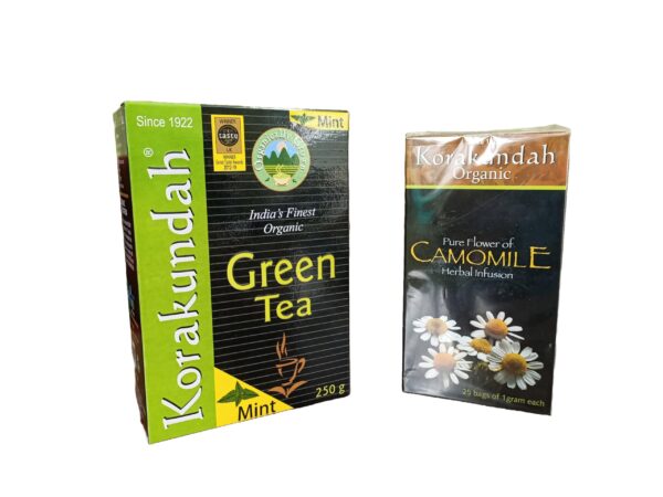 KORAKUNDAH Organic Green Tea (Mint) 250 g | KORAKUNDAH Camomile Herbal Infusion 25 Dip Bags | Pack of 2 | Total 300g | India's Finest Chamraj Nilgiri Tea - Fast Shipping to USA & Canada