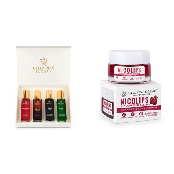 Bella Vita Organic Luxury Man Perfume Gift Set 4X20 Ml & Organic Nicolips Lip Scrub Balm Brightening Dark Lips And Women Dry Lips/Smoker/Chapped Lip&Lipstick Stains Removal Lipcare,20 G,Multicolor - Fast Shipping to USA & Canada