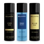 Bella Vita Luxury Unisex Body Parfum Deo Spray Gift Set,Pack Of 3 X 150 Ml, No Gas Long Lasting Premium Fragrance Deodorant|Ceo Men|Skai Aquatic|Klub Men|With Tonka, Bergamot & Vanilla - Fast Shipping to USA & Canada