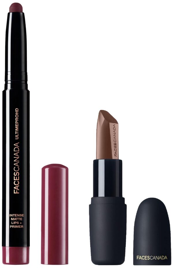 FACESCANADA Ultime Pro HD Intense Matte Lips + Primer - Wine Shot 26 & FACES CANADA Weightless Matte Lipstick - Pretty Sepia 08 (Brown) - Fast Shipping to USA & Canada