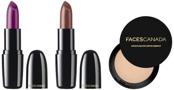 FACESCANADA Weightless Creme Finish Lipstick - Sweet Mocha, Weightless Stay Matte Finish Compact Powder Ivory, 9 G&Faces Canada Weightless Creme Finish Lipstick Imperial Plum (Plum), 4G - Fast Shipping to USA & Canada