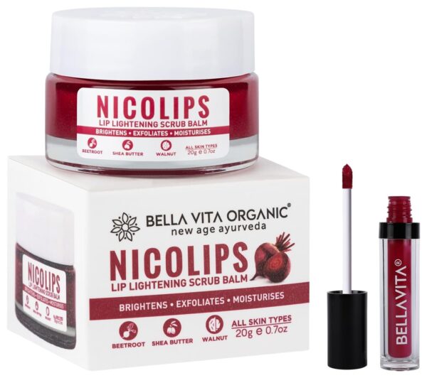 Bella Vita Organic Kiss-Proof 4.5 ml 18-hr Stay Waterproof Intense Moisturisation Pink Pout NicoLips Lip Scrub Balm Brightening Dark Lips for Dry Lips/Smoker/Chapped Lip - Fast Shipping to USA & Canada