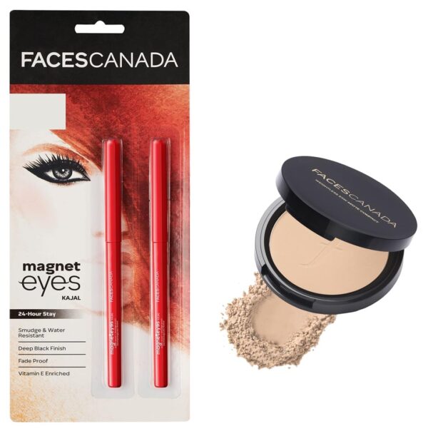 FACESCANADA Magneteyes Kajal- 2 In 1 Black, Black, & Weightless Matte Compact Powder Spf 20, Enriched With Shea Butter And Vitamin E, Non Oily Matte Finish, Ivory 9Gm - Fast Shipping to USA & Canada
