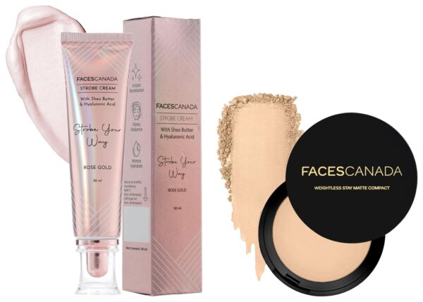 FACESCANADA Strobe Cream - Rose Gold, 30Ml And Weightless Stay Matte Finish Full Coverage Compact Powder For All Skin Type- Natural 9 G - Fast Shipping to USA & Canada