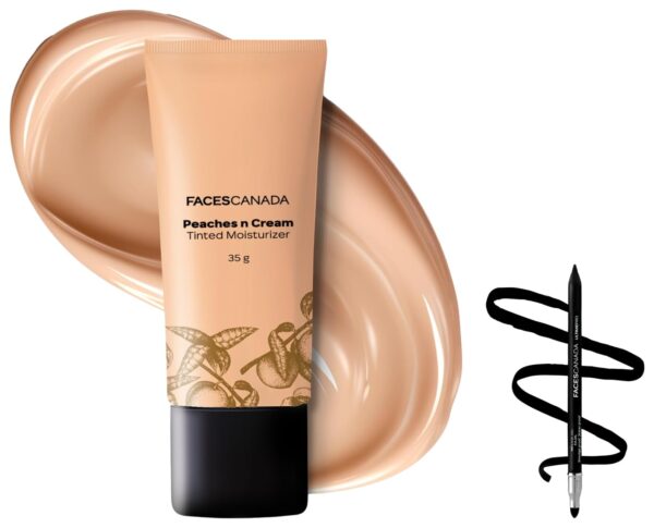 FACESCANADA Ultime Pro Intense Gel Matte Full Coverage Kajal With Smudger & Sharpener For All Skin Types - Black,1.2 G And Faces Canada Peaches N Cream Tinted Moisturizer - Light 01, 35 G, 2 Pcs - Fast Shipping to USA & Canada