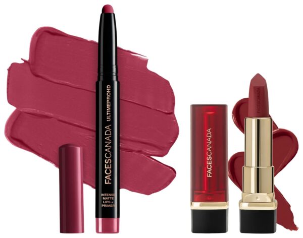 FACESCANADA Ultime Pro Hd Intense Matte Lipstick + Primer - Bold Wine (Maroon), 1.4G & Faces Canada Comfy Matte Creme Lipstick - Raise The Roof 01, 4.2G | 8Hr Long Stay | - Fast Shipping to USA & Canada