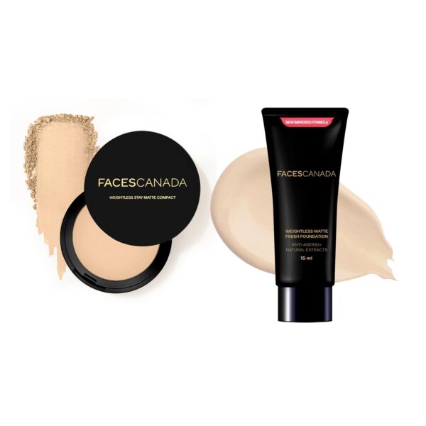 FACESCANADA Weightless Stay Matte Compact Vitamin E & Shea Butter, Spf 20 Natural 02, 9 Gram & Weightless Matte Finish Foundation Mini 18 Ml, Ivory,All Type Skin, 1 Count, Beige - Fast Shipping to USA & Canada