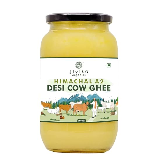 JIVIKA NATURALS Himachal A2 Desi Cow |A2 Cow Ghee | Hand Churned from Curd | Lab Tested | Pure Ghee | Made in Bilona | Rich in Aroma | Glass Jar | 1000ml