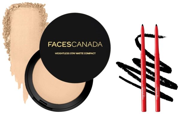 FACESCANADA Weightless Stay Matte Finish Compact Powder - Natural 9 G And Magneteyes Metallic Kajal Pencil - Black, (Pack Of 2), 0.35 gram - Fast Shipping to USA & Canada