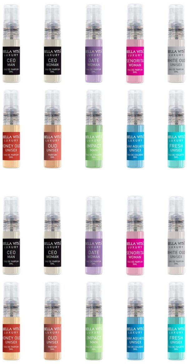 Bella Vita Luxury Trial Pack of 20 x 5ml Pocket Liquid Perfumes for Men Women Unisex Fragrance Mix of EDP, EDT & EDC Long Lasting Perfume Sweet, Floral, Woody, Musky & Spicy - Fast Shipping to USA & Canada