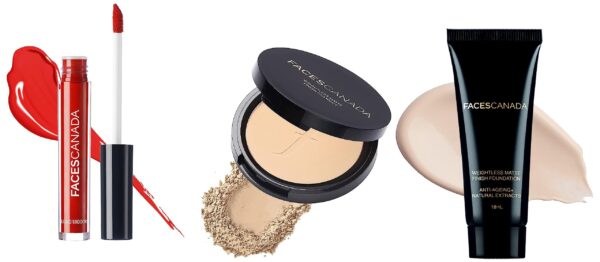 FACESCANADA Weightless Stay Matte Compact Vitamin E & Shea Butter, Spf 20 Natural 02, 9 g & Weightless Matte Finish Foundation Mini 18 ml, Ivory 01 & Liquid Sindoor, Red, 2.5 ml - Fast Shipping to USA & Canada