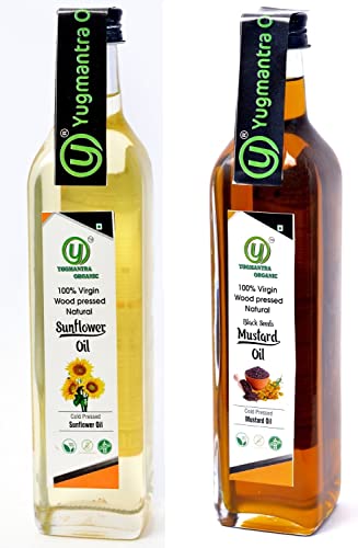 Yugmantra Organic Foods Wood Pressed Natural Organic Black Mustard Cooking Oil | Kachi Ghani | Chemical Free & Sunflower Oil 500 Ml x2