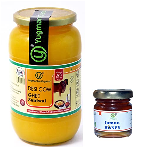Yugmantra Organic Foods 100% Pure Natural A2 Milk Sahiwal Cow's Grass-Fed Desi Ghee Prepared Curd by Traditional Bilona Padati - in Glass Bottle (1 litre + 55 GMS Tulsi Honey free)