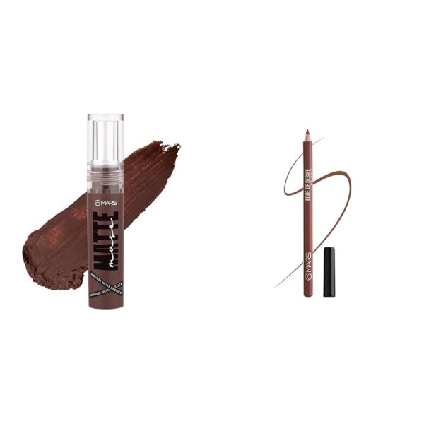 MARS Matte Muse Mousse Lipstick (3ml) (02-STYLE ICON) with Doe-Foot Applicator Matte Lip Liner | One Swipe Smooth Application | Long Lasting Lip Pencil (1.4gm) (13-CINNAMON ROLL) - Fast Shipping to USA & Canada