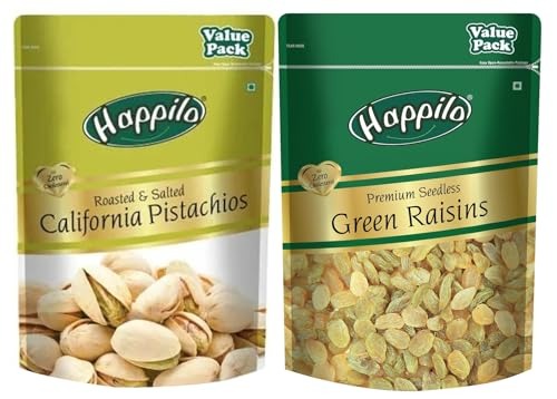 Happilo Premium Californian Roasted & Salted Pistachios 500 gms Value Pack & Happilo Premium Seedless Green Raisins 500g Value Pack | Kishmish | Nutritious| Rich in Iron & Vitamin B - Fast Shipping to USA & Canada